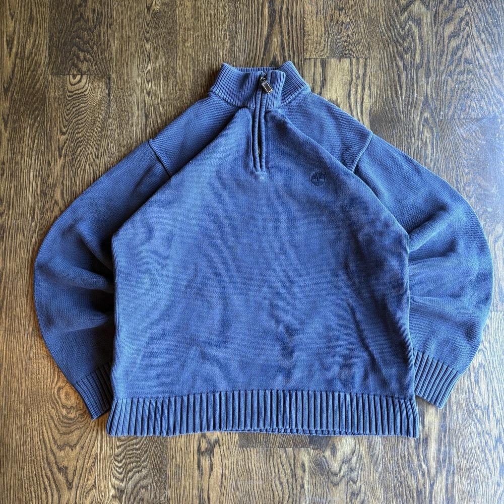 VTG Timberland 1/4 Zip Knit Sweater Mens XL Faded Blue Cotton Pullover Mock Neck